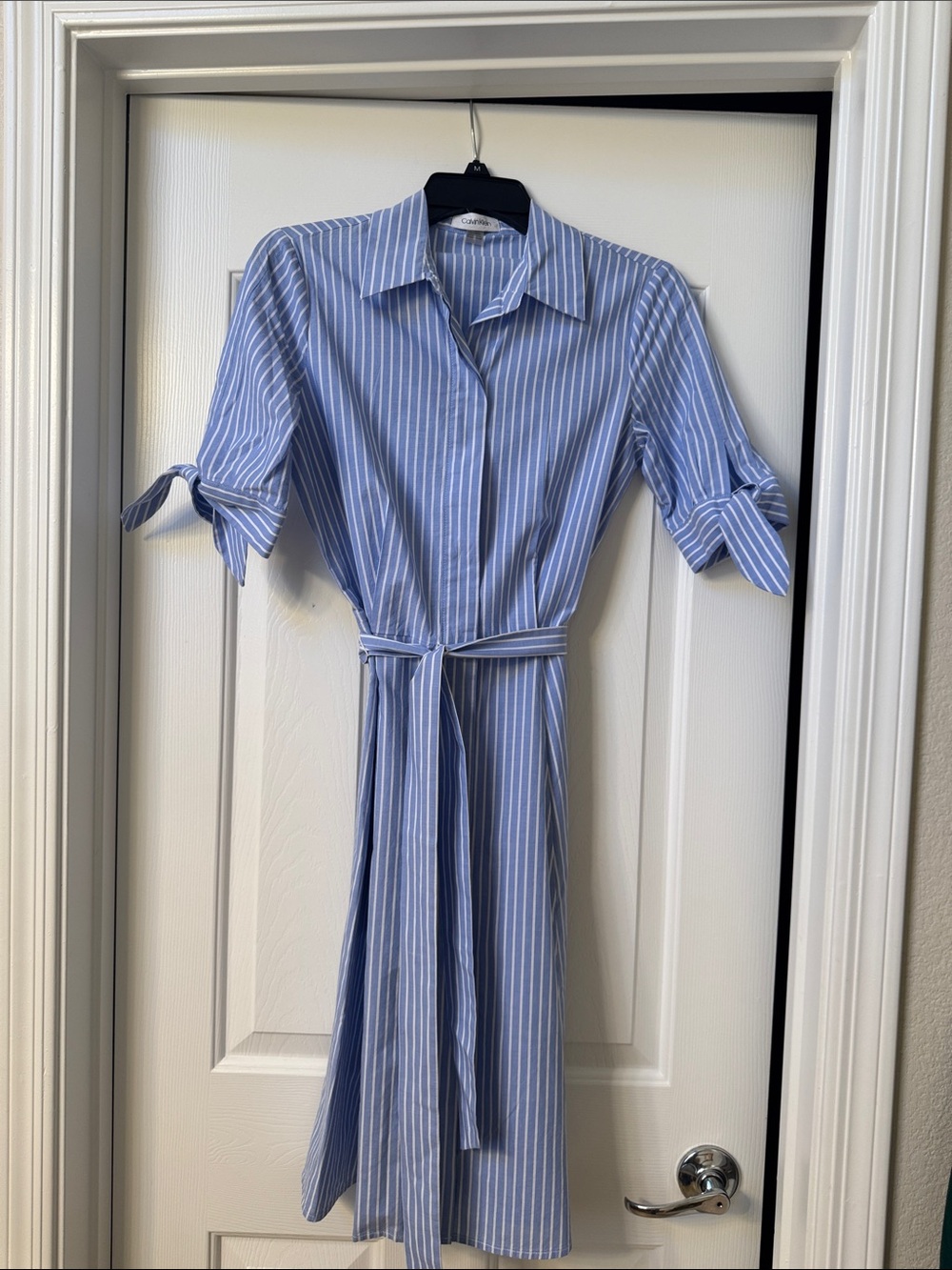Calvin Klein Blue and White Striped Tie-Sleeve Shirt Dress